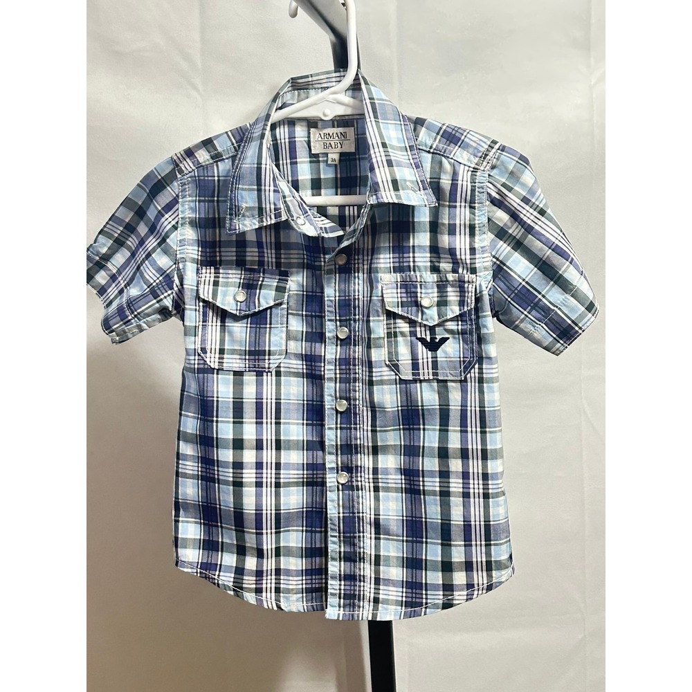 Armani Baby Boys Plaid Short Sleeve Button Down Shirt Size‎ 3A Blue Green